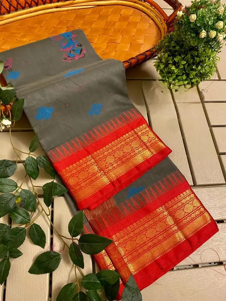 PURE-GADWAL-COTTON-SAREE-COLLECTION-IN-GREY-AND-RED